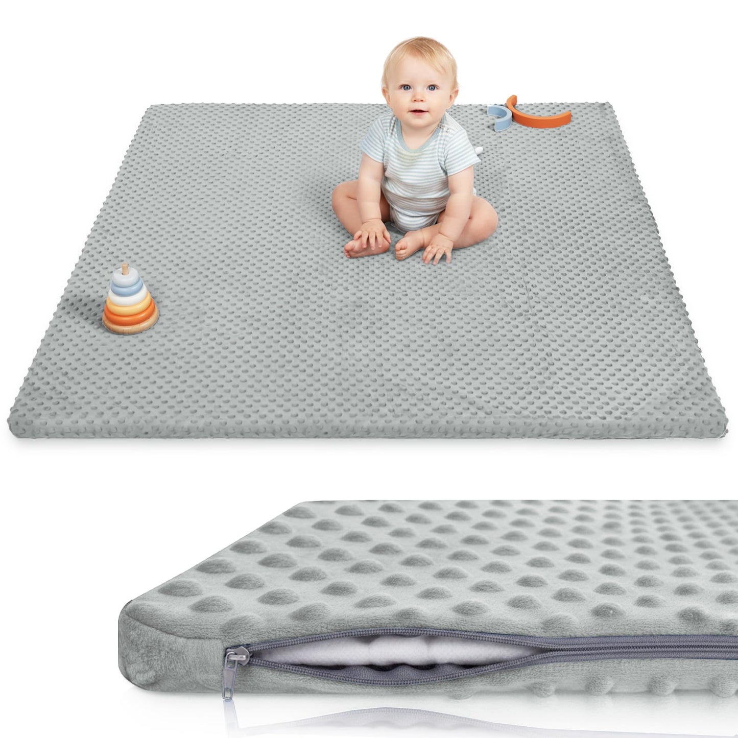 Huloo Sleep Baby Floor Play Mat for Playpen, Extra Thick 50"x50" Padded Mat with Ultra Soft 3D Minky Dot & Removable Washable Cover, Non-Slip & Safe for Crawling,Tummy Time,Infant/Toddler (Grey)