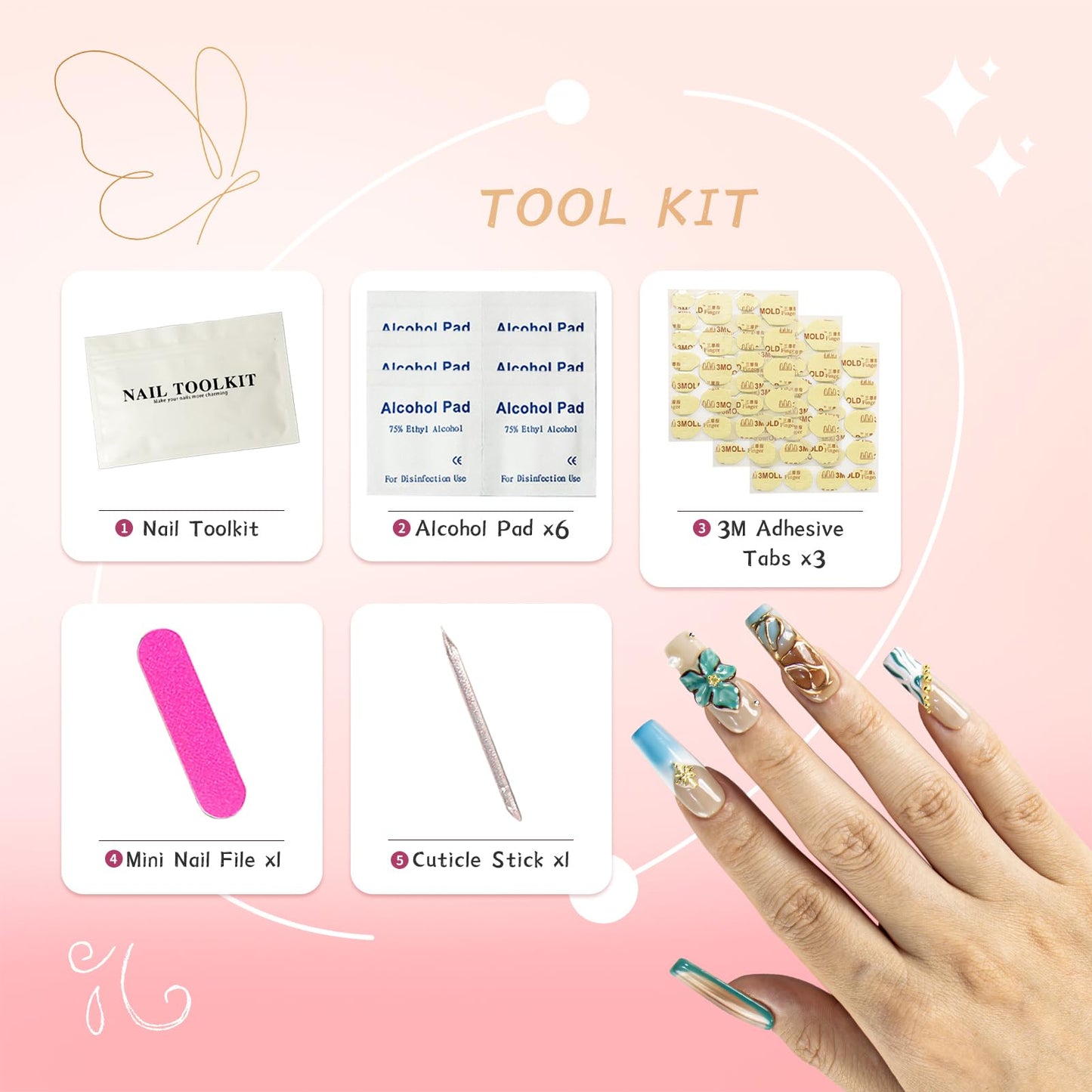 Vanpaga Handmade Square Coffin Press on Nails – Ocean Ombre Blue Bronze Nails with 3D Carved Flower & Gold Foil, Reusable Glossy Stick on Fake Nails, 10pcs Acrylic Nail Set with Tool Kit (Size M)