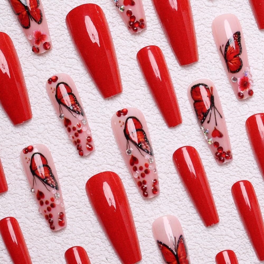 Long Coffin Press on Nails Butterfly Fake Nails Glossy Glue on Nails Red French Tip Acrylic Nail Bling Glitter Artificial Nail 3D Rhinestone Stick on False Nails with Gradient Design 24 pcs