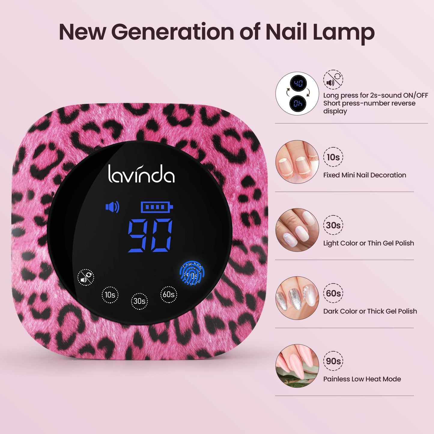 Lavinda Cheetah Nail Lamp, UV Light for Gel Nails Cordless UV LED Nail Lamp Lampara Led para Uñas Profesional with 4 Timer Settings Auto ON/Off Sensor for Salon Home Nail Technician - Pink