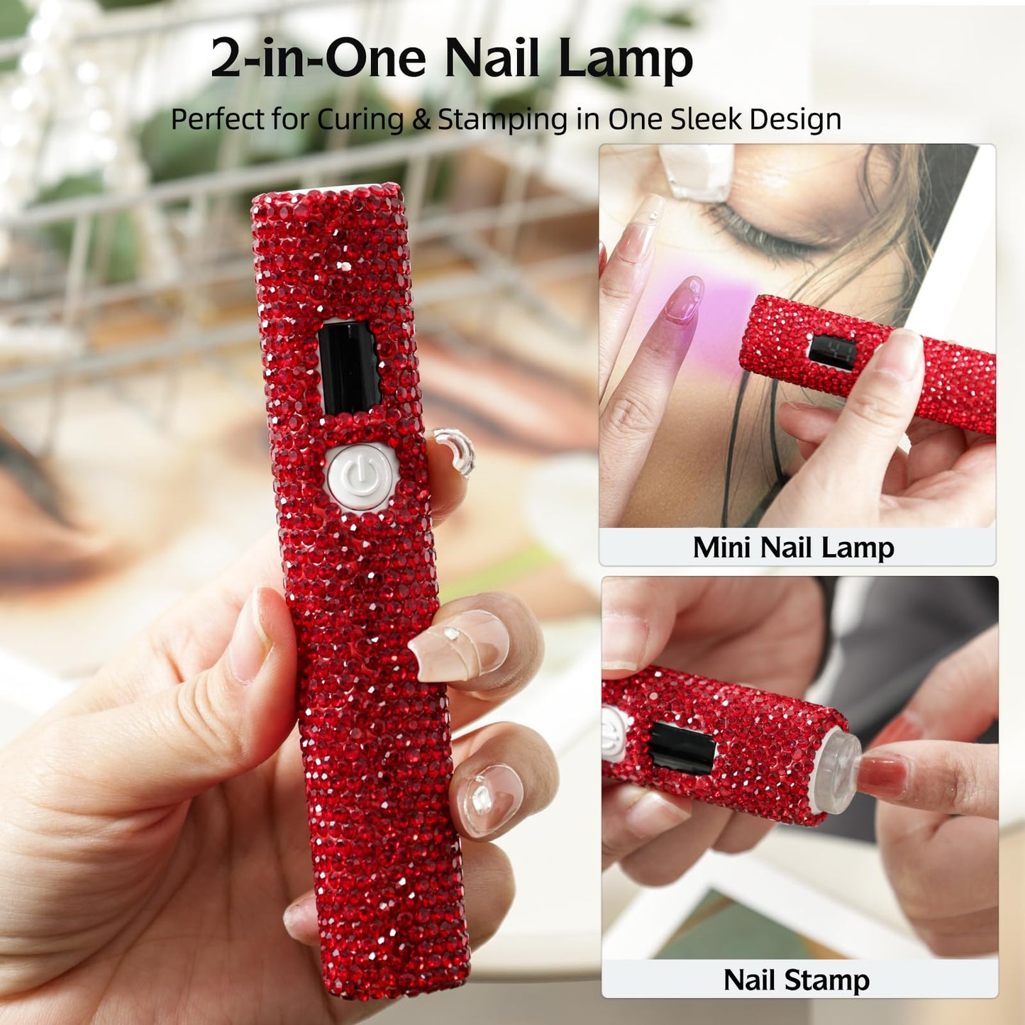 keeyada Handheld UV Nail Lamp with Sparkly Rhinestones, 3W Portable LED Nail Lamp, Wireless Rechargeable USB Nail Dryer with Silicone Stamper, LCD Display, Ideal for Home DIY Manicures (Red)