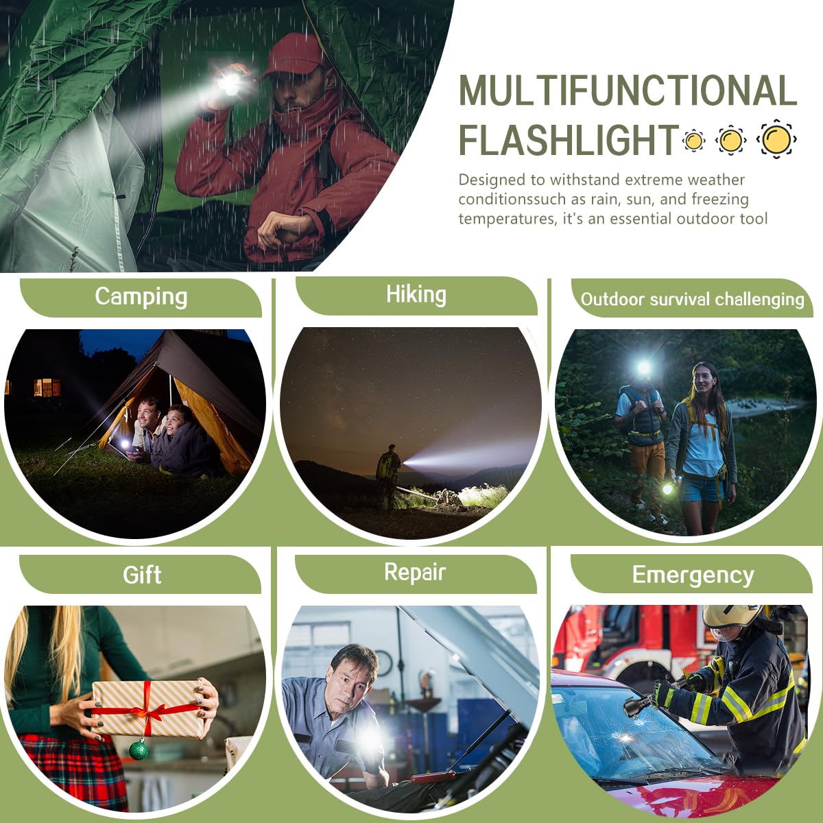 Serjur Rechargeable Solar Powered Flashlight,Multi Function LED Tactical Flashlight with Glass Breaker,Seatbelt Cutter,Alarm and Phone Charger,Powerful Handheld Flashlights for Emergencies Camping