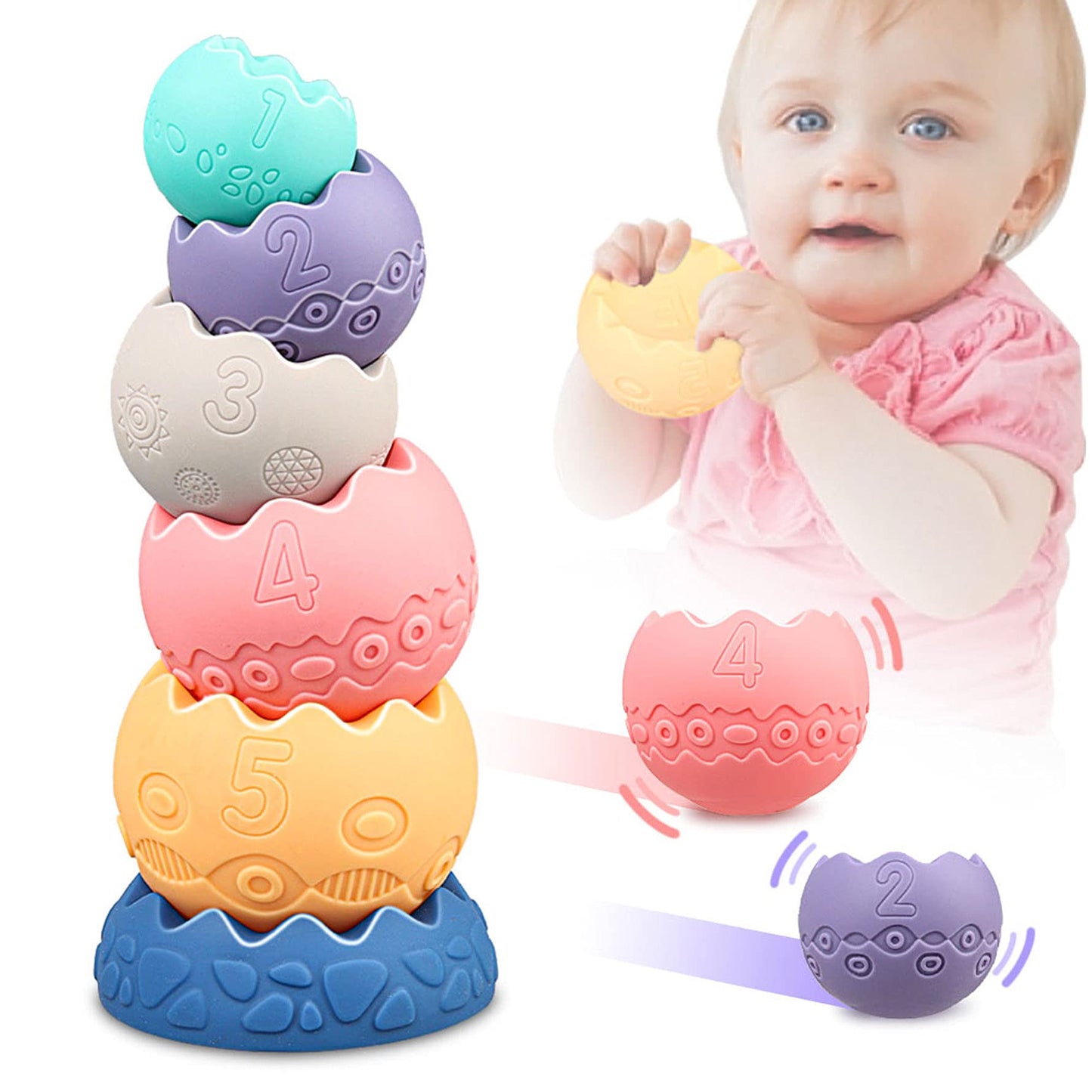 Miawow Stacking Balls Soft Toys for Babies 6 12 18 Months 1 Year Old Girls Boys - Toddlers Sensory Educational Montessori Baby Blocks - Infant Newborn Teething Learning Stacker Cups-Easter Basket