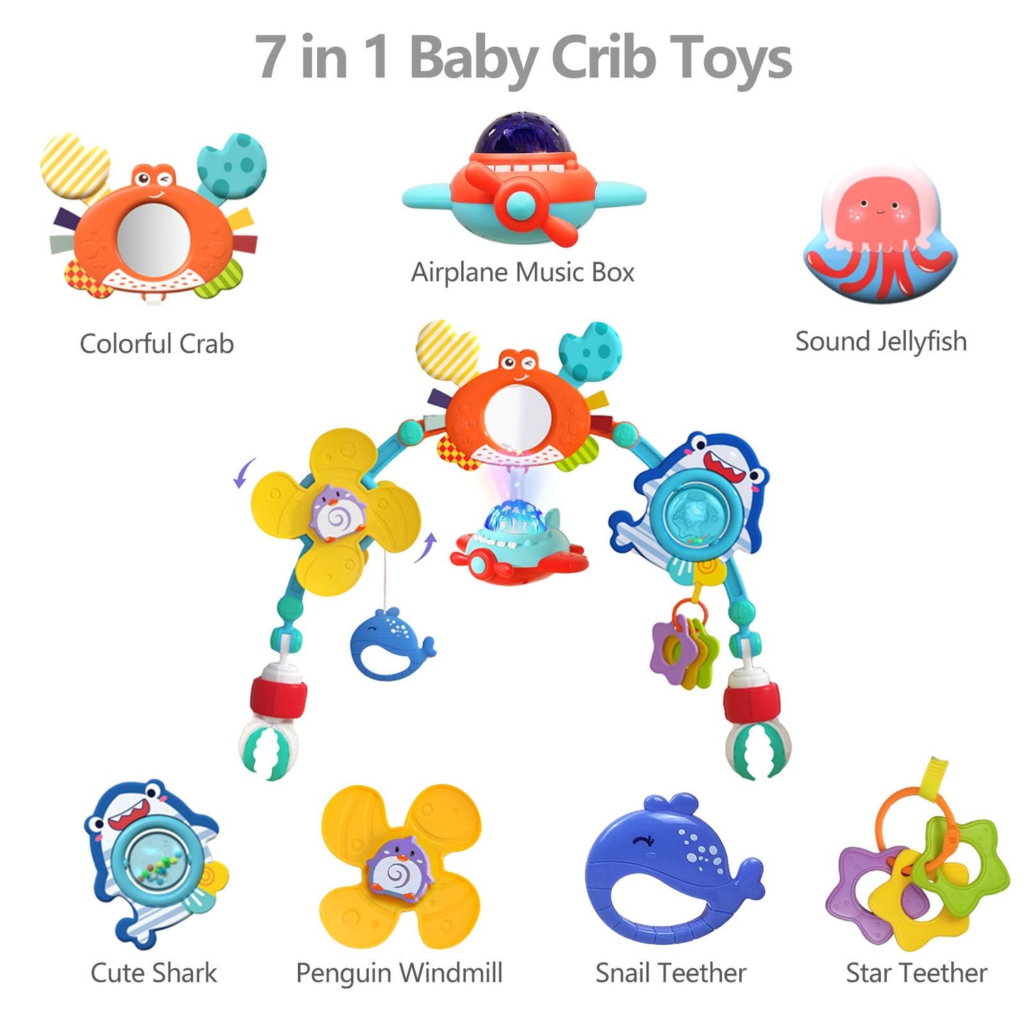 qesfir Musical Baby Stroller Arch, Travel Car Seat Toys, Baby Play Arch Crib Accessory, Mobile for Bassinet, Pram Activity Arch Bar for Babies Infants