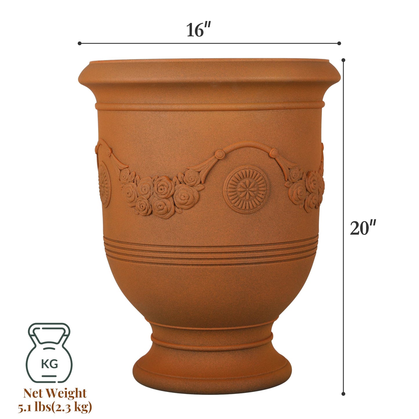 KOL Large Plastic Urn Planter - 16” Dia x 19” H Lightweight Classic Planter Pot with Cement Texture & Drainage Hole, Weather Resistant for Outdoor Plants, Patio, Garden Decor (Rusty)