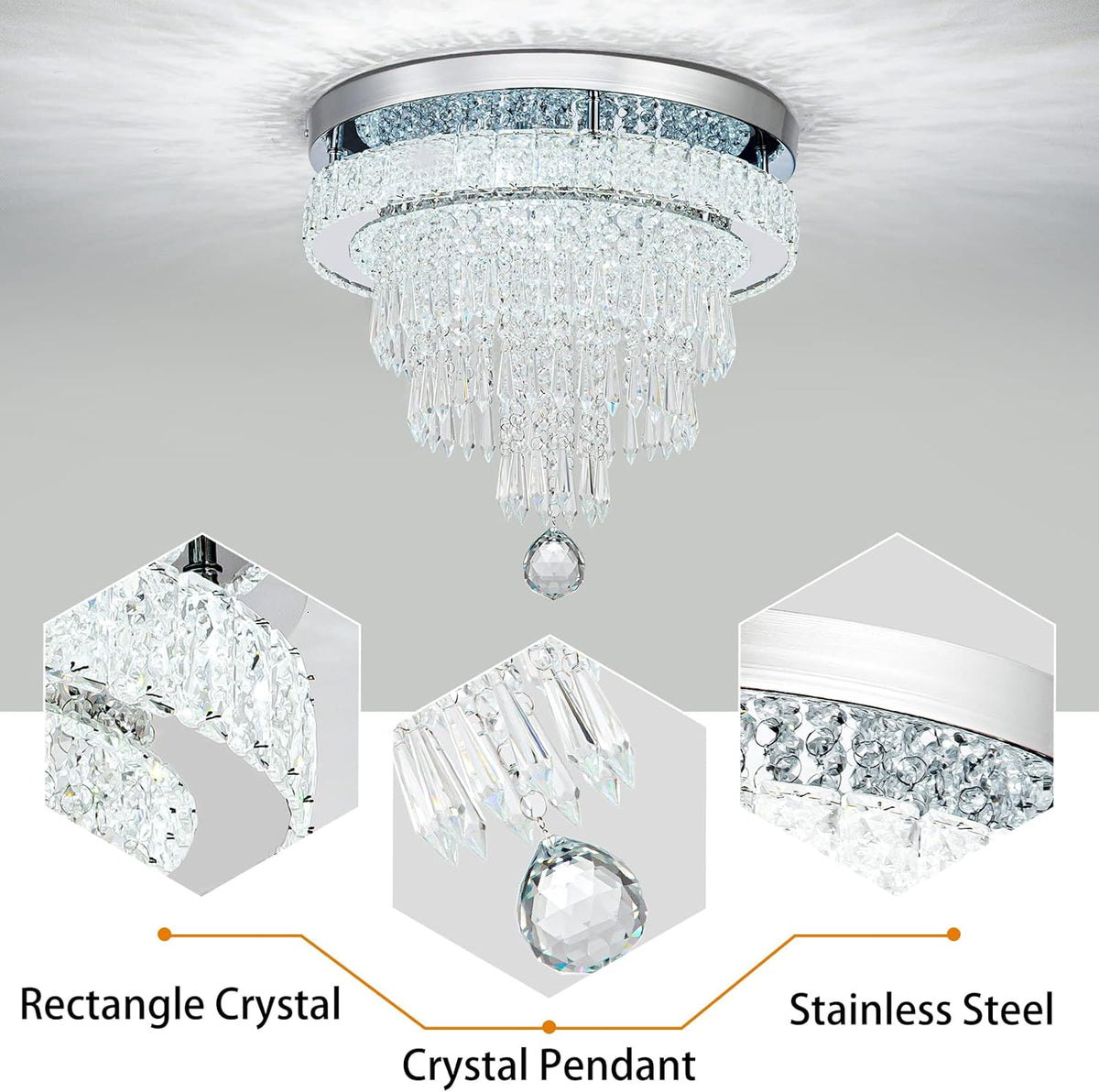 16“ Crystal Chandeliers Light Flush Mount Ceiling Light Fixtures Round Modern LED Chandelier for Living Room Bedroom Dining Room Closet Hallway (Cool White)