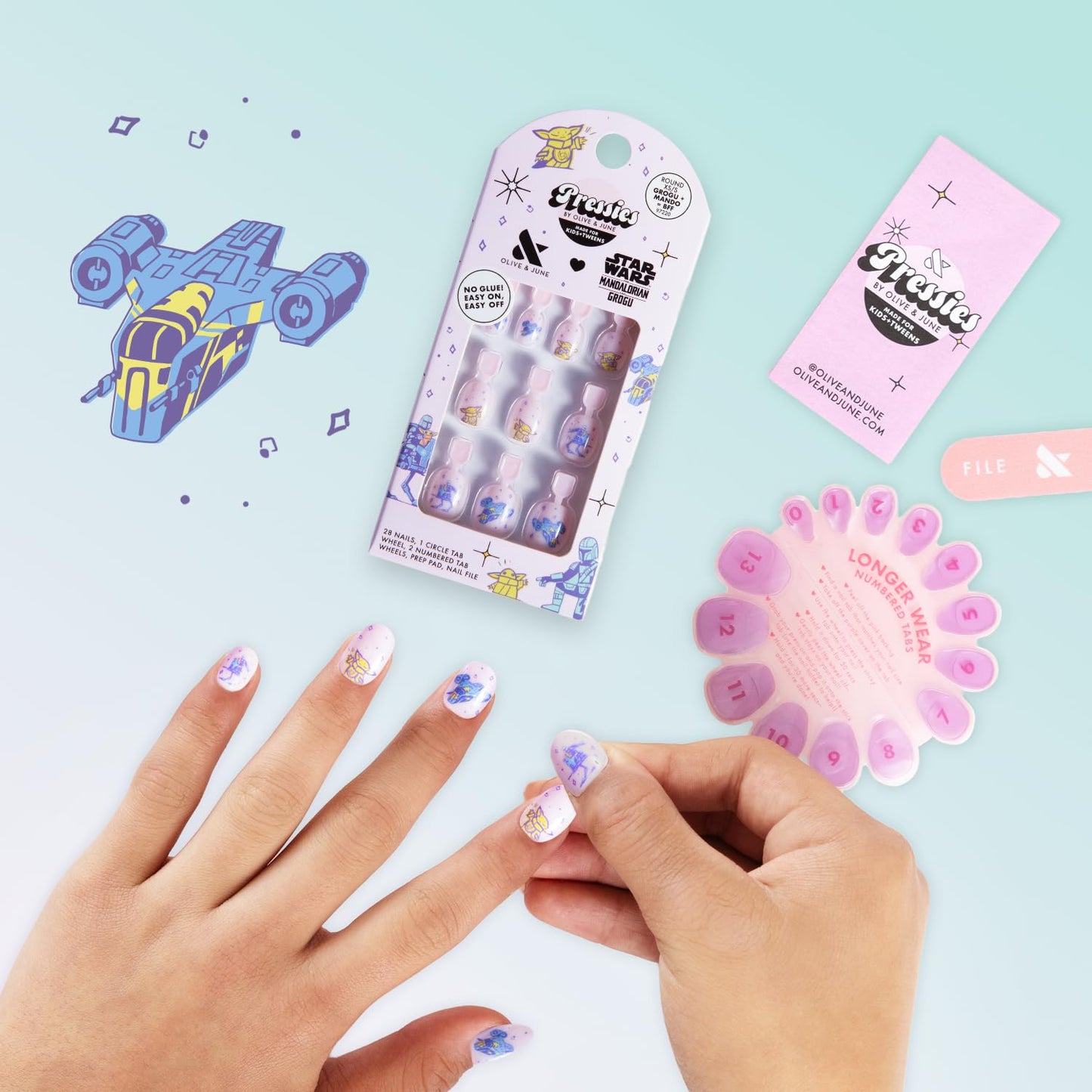 Olive & June Pressies Kids Press-On Nails (No Glue) | Star Wars: The Mandalorian & Grogu | 28 Fake Nails, 14 Sizes, 1 Nail File | Easy On-Off Mani Non-Toxic Tabs | XS/S, Round | Grogu + Mando = BFF