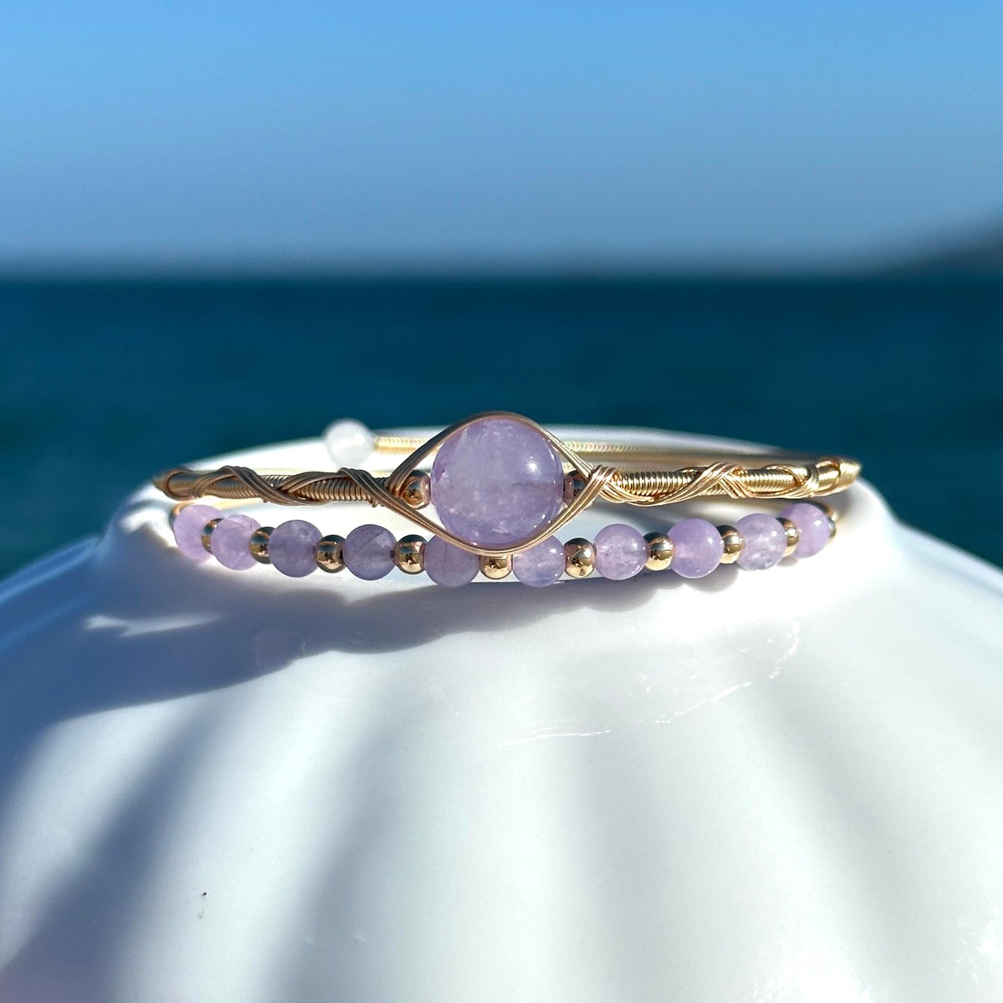 Handmade Genuine Lavender Amethyst Double Layered 14k Gold Filled Wire Wrapped Bracelet, Birthstone Chakra Healing Crystal Chips Adjustable Bangle Cuff Jewelry Gift for Women Men