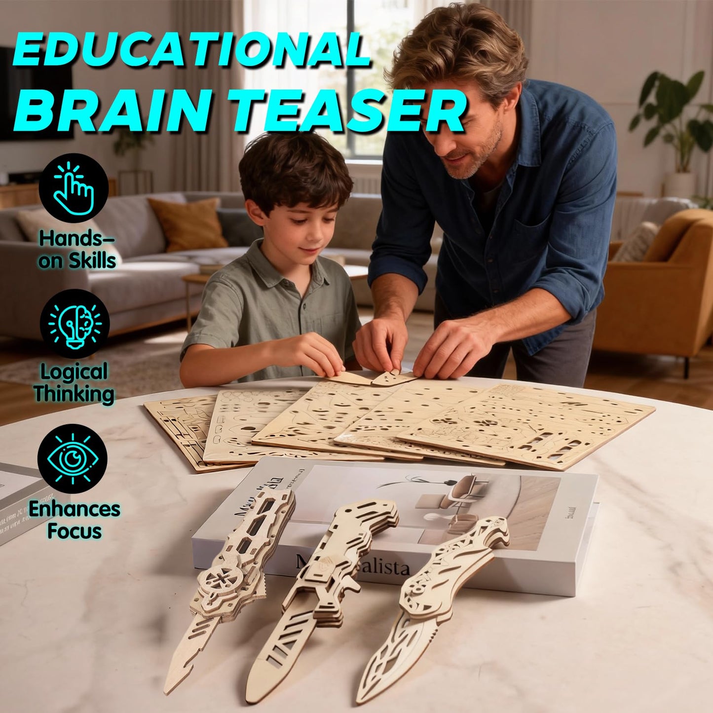 3D Wooden Puzzles for Adults – 6 Knife Set with 266 Pieces, Movable Interlocking Mechanical Structure, High-Precision Laser-Folded, Wood Model Craft Kit & Wooden Building Kits