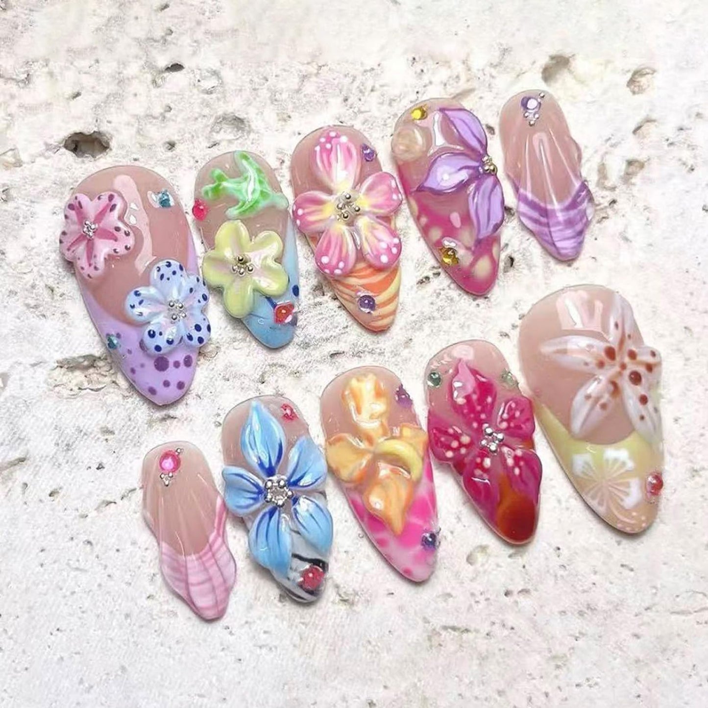 3D Flower Press on Nails, Medium Almond Shaped Colorful Floral Fake Nails with Rhinestone Designs,Cute False Nails with Glue Tabs Reusable Acrylic Stick on Nails for Summer Beach Vacation 30Pcs