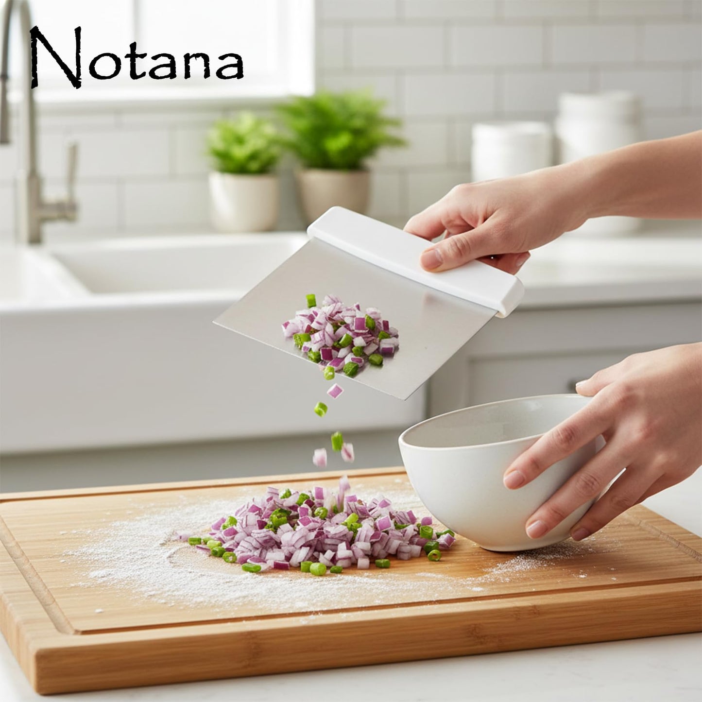 Notana Stainless Steel Dough Cutter and Bench Scraper with White Plastic Handle - Pastry Scraper and Dough Divider for Bread, Pizza, Pastry, Baking Prep, and for Kitchen Use (5 7/8" x 4 1/4")