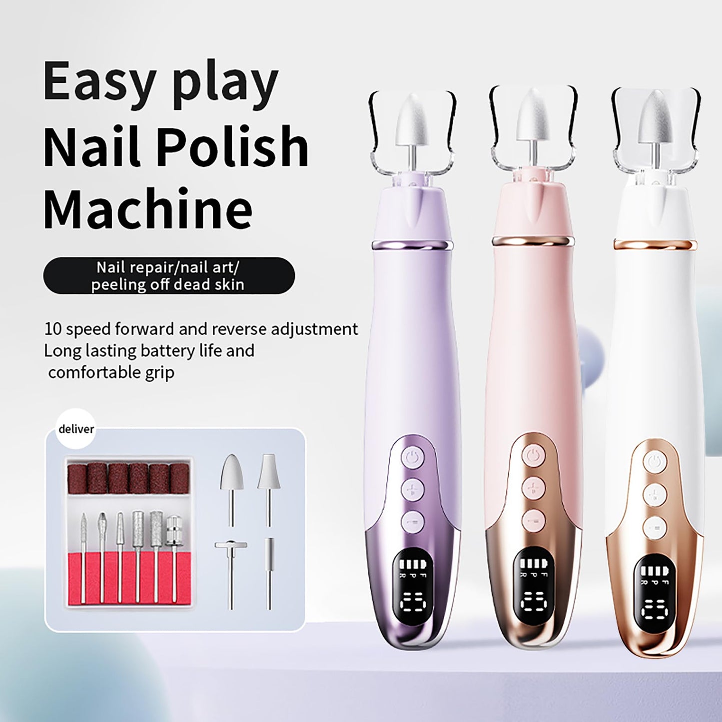 Cordless Electric Nail Drill Set: Professional Nail Filer with LCD & LED Lamp, Rechargeable Manicure-Pedicure Tools for Hand & Foot Care, for Thick Nails, Toenails & Cuticle Care (Purple)