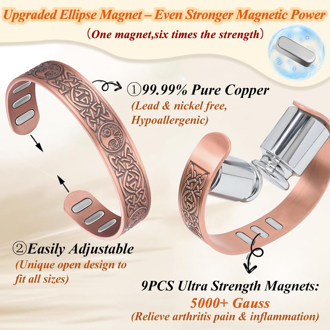 Cigmag Copper Bracelet for Men, with Powerful 9X 5000 Gauss Magnets, Adjustable Solid Pure Copper (Celtic Sun Moon Life Tree)