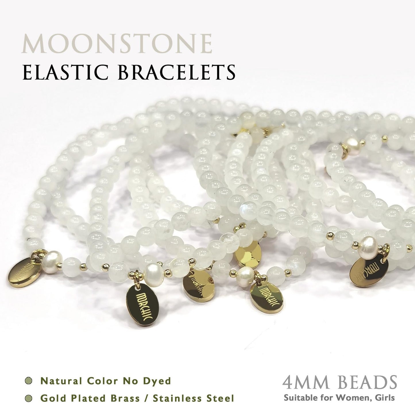 Morchic 4mm Natural Moonstone Gemstone Beads Stretch Bracelet for Women, With Freshwater Pearls, Energy Gem Birthday Gift for Her 7.2”