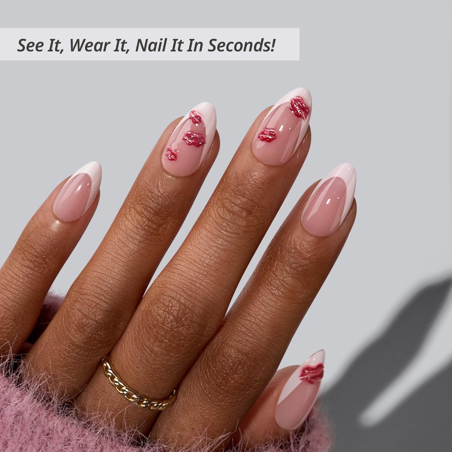 BTArtbox French Tip Press On Nails - Date Night, Lamp-Curable 3D Red Lips Short Almond Press On Nails with Glue and Adhesive Tabs for Women in 16 Sizes - 32 Nails All-in-One Kit