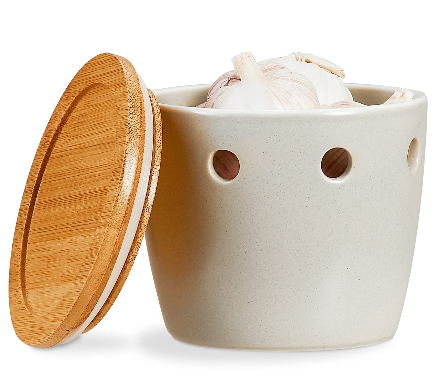 ONEMORE Large Garlic Keeper with Lid, Ceramic Garlic Saver 5 inch, Garlic Keeper for Counter, Gray