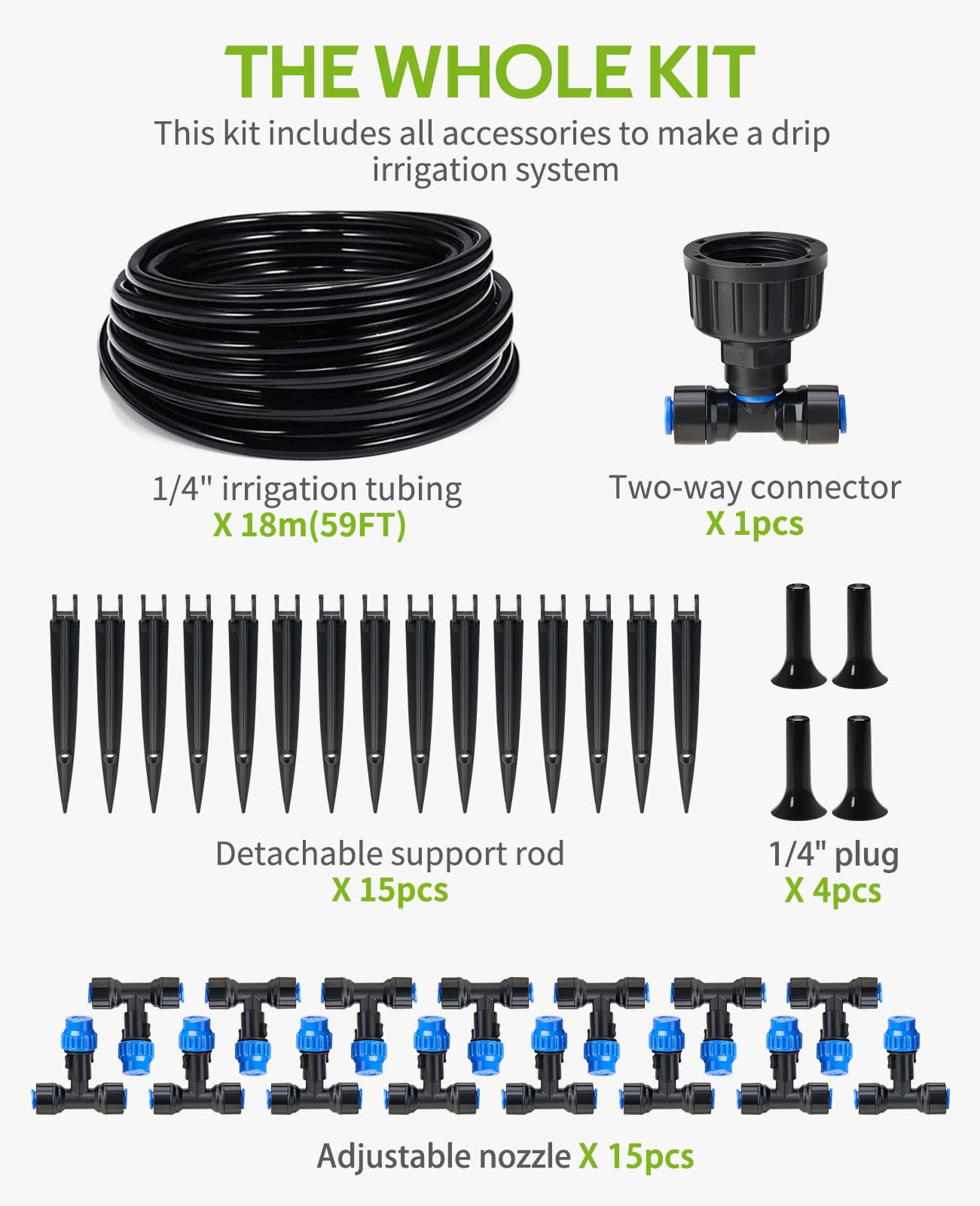 HIRALIY 59FT Greenhouse Misting Drip Irrigation Kit, Quick Connector Design, Irrigation System with 1/4" Tubing and Adjustable Nozzles for Hanging Plants, Garden Watering System for Raised Bed