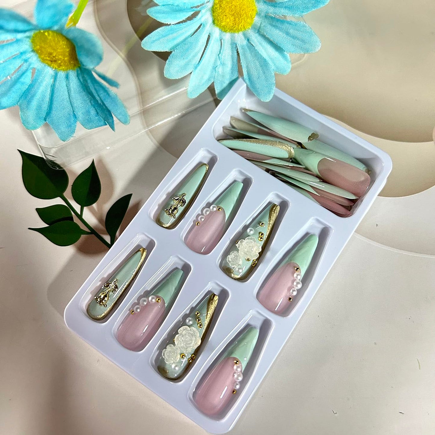 CJDLTS 24Pcs Green French Tip Press on Nails Long Length Gold Rose Flower and Pearl Design 3D Acrylic False Nail Full Cover Artificial Stick on Nails Almond Saped Press Ons Glue on Nails for Women