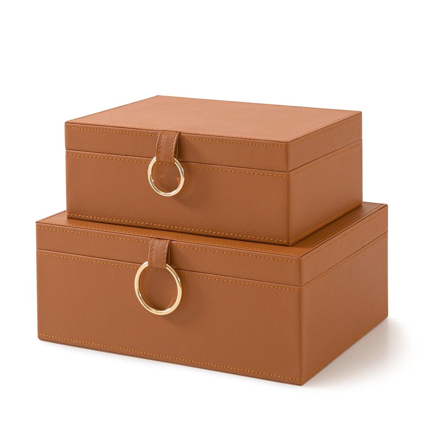 Soul & Lane Faux Leather Storage Box Set, 2 Decorative Boxes with Lids for Home Decor, Coffee Table and Living Room Shelf Organization, Remote Control Holder with Stacking Design, Warm Saddle Brown