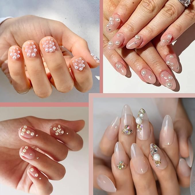 4000PCS Flatback Rhinestones and Half Round Pearls Kit #24, Multi Size Glass Clear Crystals, Plastic Flat Back White & Beige Dome Bead with Pickup Pencil and Tweezer for Nail Art
