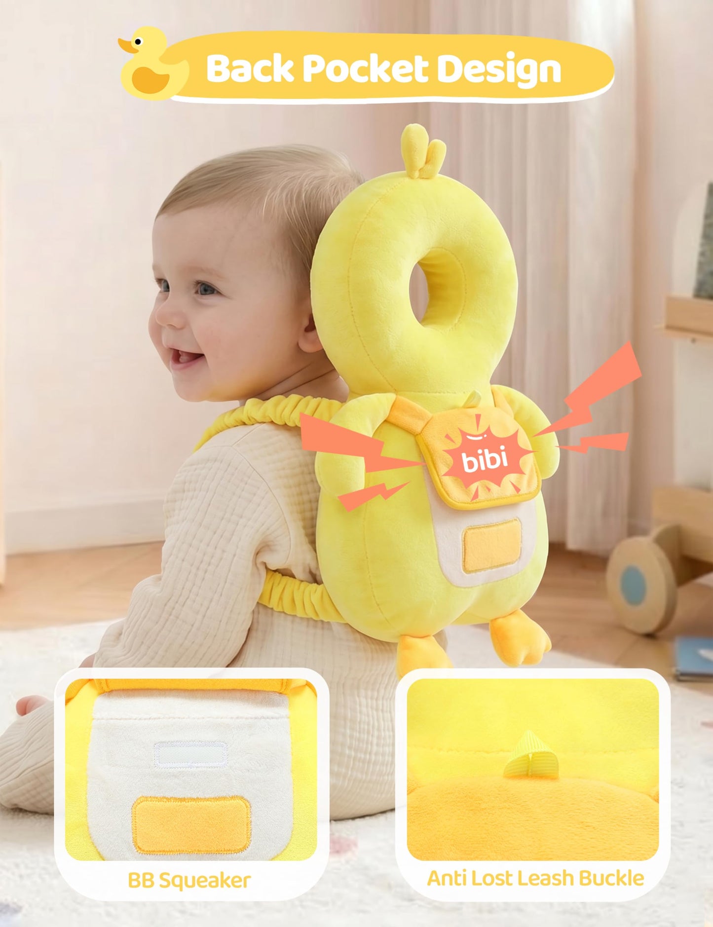 JunNeng Baby Head Protector Backpack with Squeaker，Toddler Head Safety Protection Cushion, Yellow Duck