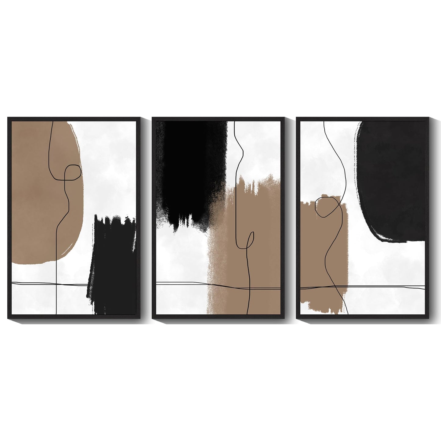 KUVIOKE Neutral Abstract Framed Wall Art Beige Mid Century Textured Wall Decor Minimalist Line Modern Illustrations Art Print Home Decor 24x36in (Black Framed)