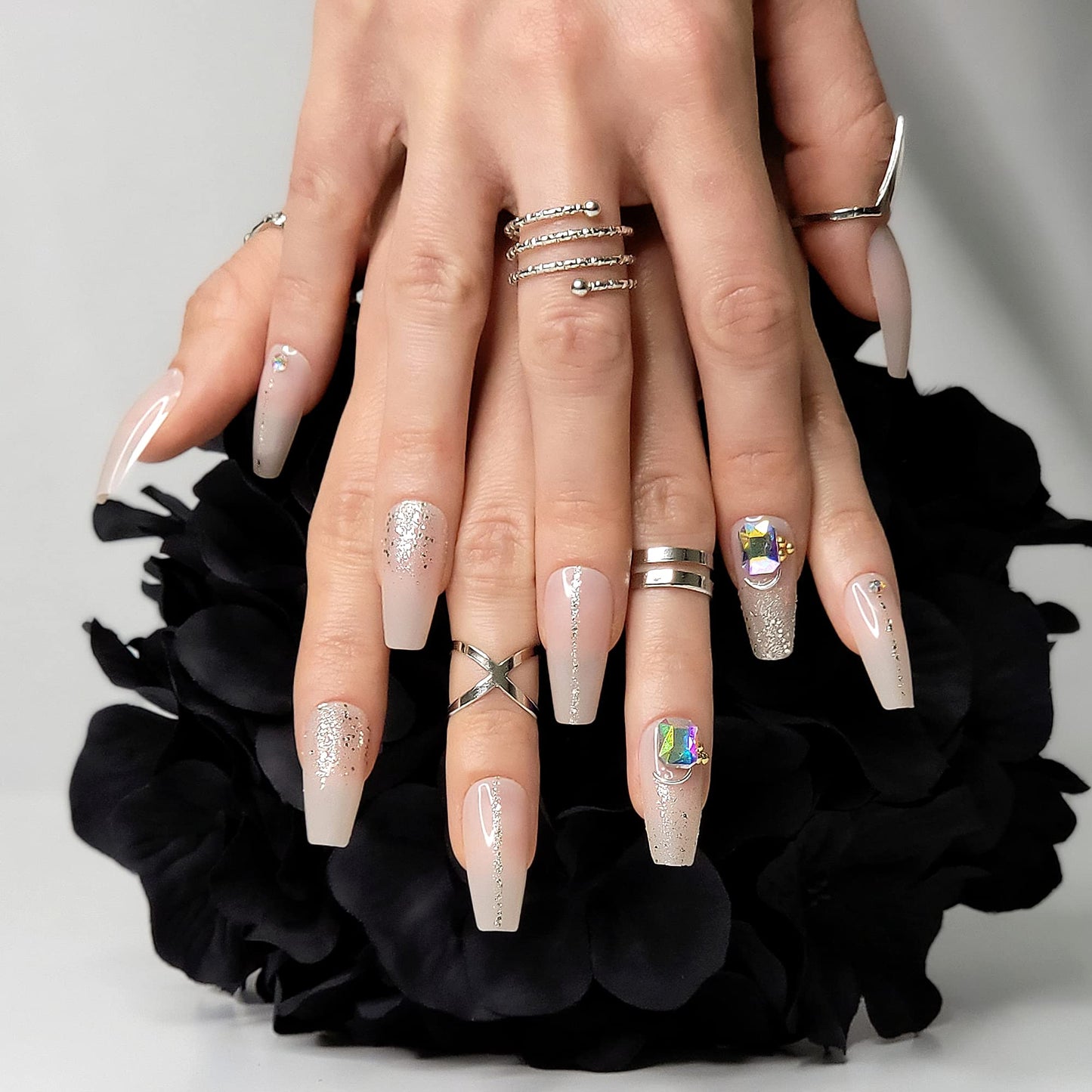Hypnaughty 24 Pcs Jewels Rhinestone and Ombre Glitter Nude Luxury Coffin Bling Press on Nails with Design and Glue Medium Long Nude False Nails with Gems (Jewels)