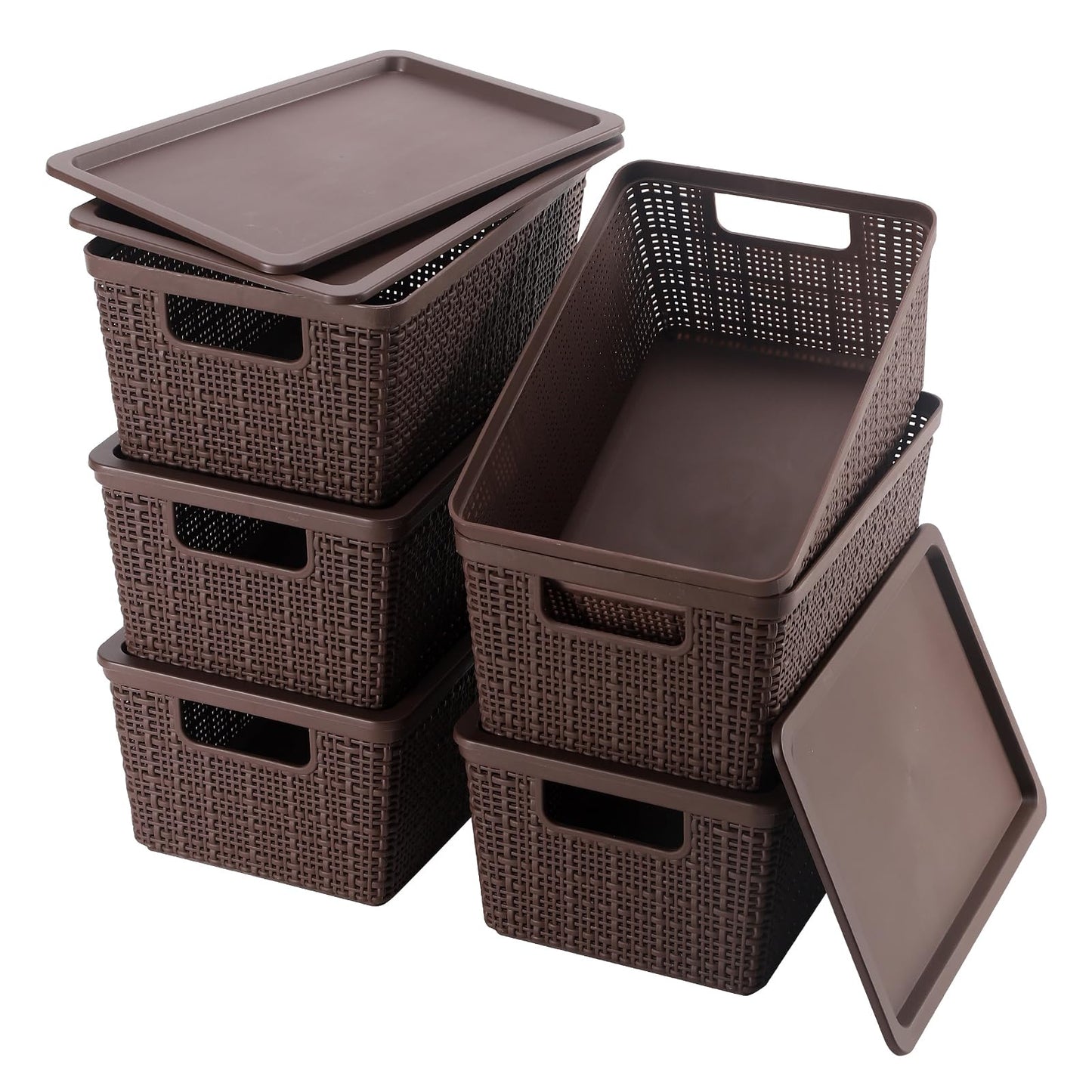 WRRLORS 6 Pack Plastic Storage Baskets With Lids,Brown Breathable Stackable Storage Bins,Small Storage Containers,for Organizing Storage Baskets on Desktops,Closets,Playrooms,Classrooms,Offices