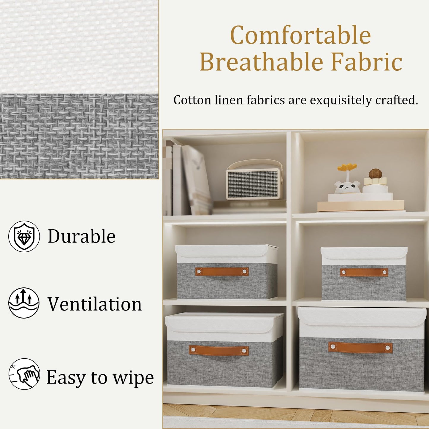 OUTBROS Storage Boxes, Collapsible Storage Bins with Lids, Cotton and linen cloth Storage Baskets with Handle, for Books, Closet, White/Grey, 3 Pack 10.2 x 7.9 x 6.7in