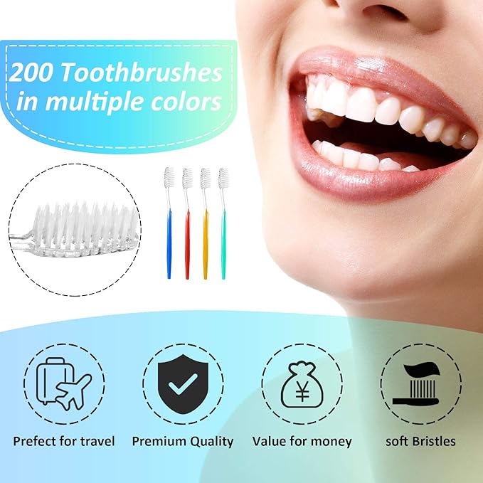 Patelai Disposable Toothbrushes Individually Wrapped Toothbrushes Medium Soft Bristle Tooth Brush Manual Disposable Travel Toothbrush Set for Adults Kids Travel Toiletries, 4 Colors (200 Pieces)