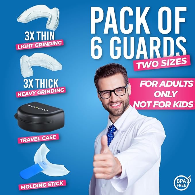 HONEYBULL Anti Grinding Guard Set [6 Pack - Mixed] Comes in 2 Sizes for Light and Heavy Grinding | Comfortable Custom Mouth Guard for Nighttime Teeth Grinding