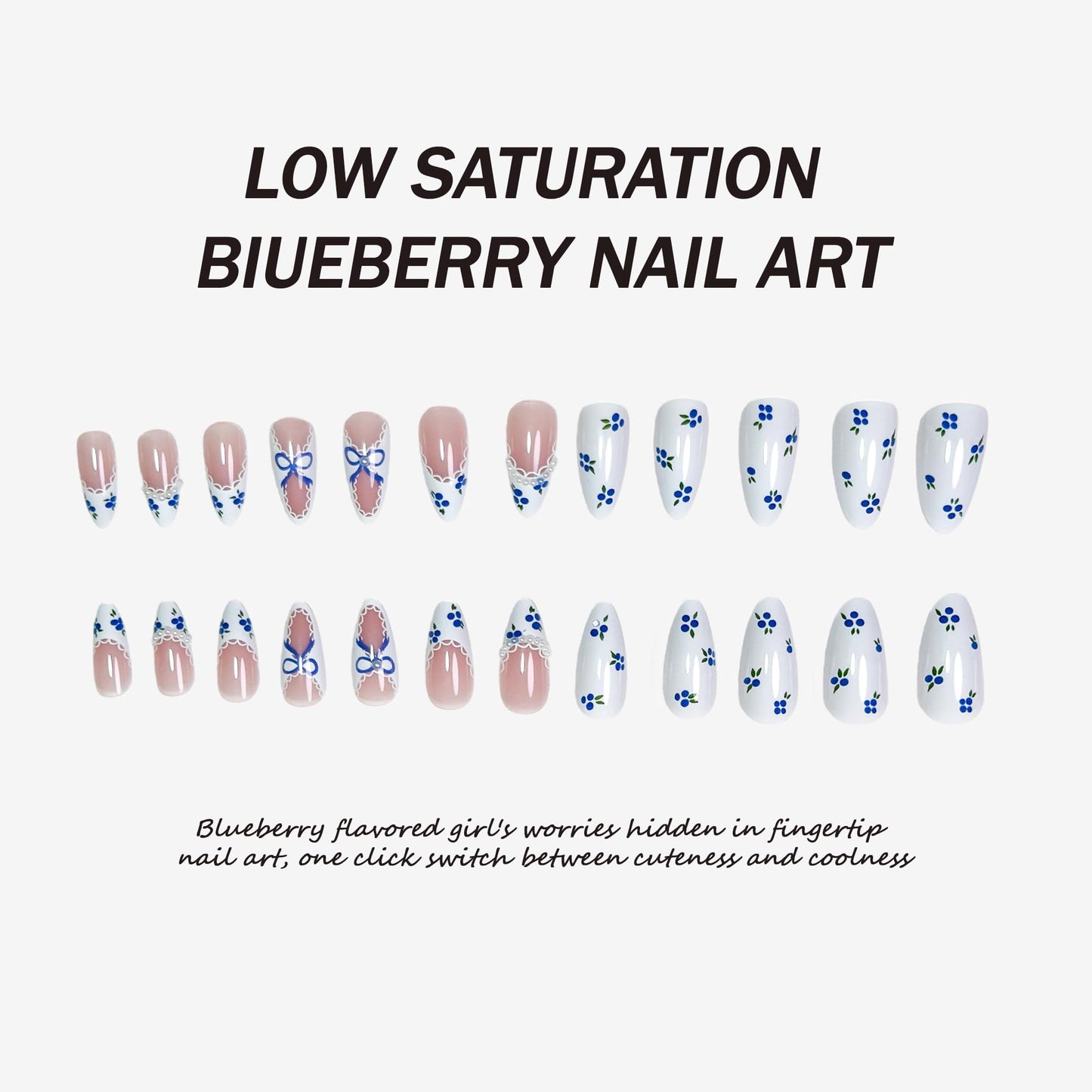 COOCRENAILS Pearl-Framed French Press-On Nails, Blueberry pattern with Lace Detailing, Reusable Adhesive Tabs for Effortless Salon Manicure, 12 Sizes-24Pcs