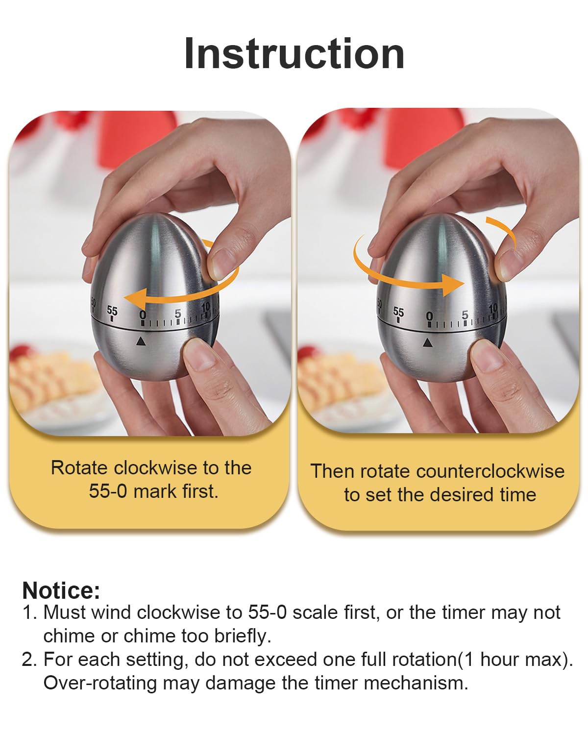 INTRESTIN Kitchen Timer for Cooking, 60 Minutes Mechanical Timer - No Batteries Required, Stainless Steel Egg-Shape Cute Countdown Clock for Cooking, Learning, Exercises, Gaming