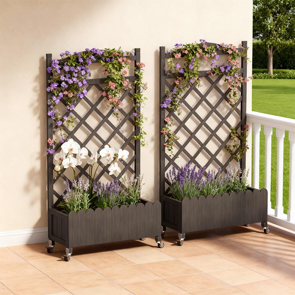 COMHOMA 2 Pack Raised Garden Bed with Trellis and Wheels,48Inch Elevated Planter Box with Drainage Holes,Lattice Privacy Screen for Climbing Plants Vegetables,Outdoor for Patio Balcony Yard,Brown