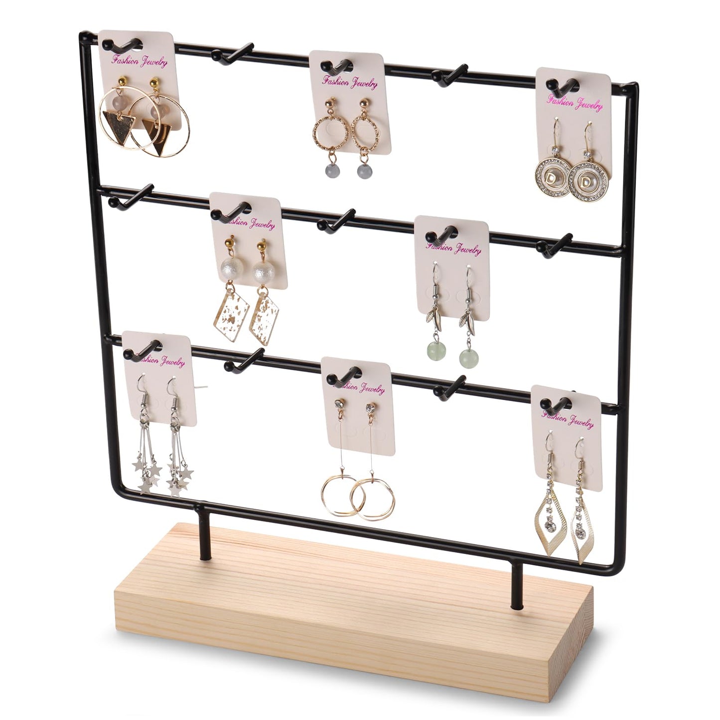 RUINENGDA Earring Display Stands for Selling 3 Tier 15 Hooks Jewelry Display Wooden Base Earring Holder Organizer Display Stand for Necklaces Rings Bracelets Keychains (Black)