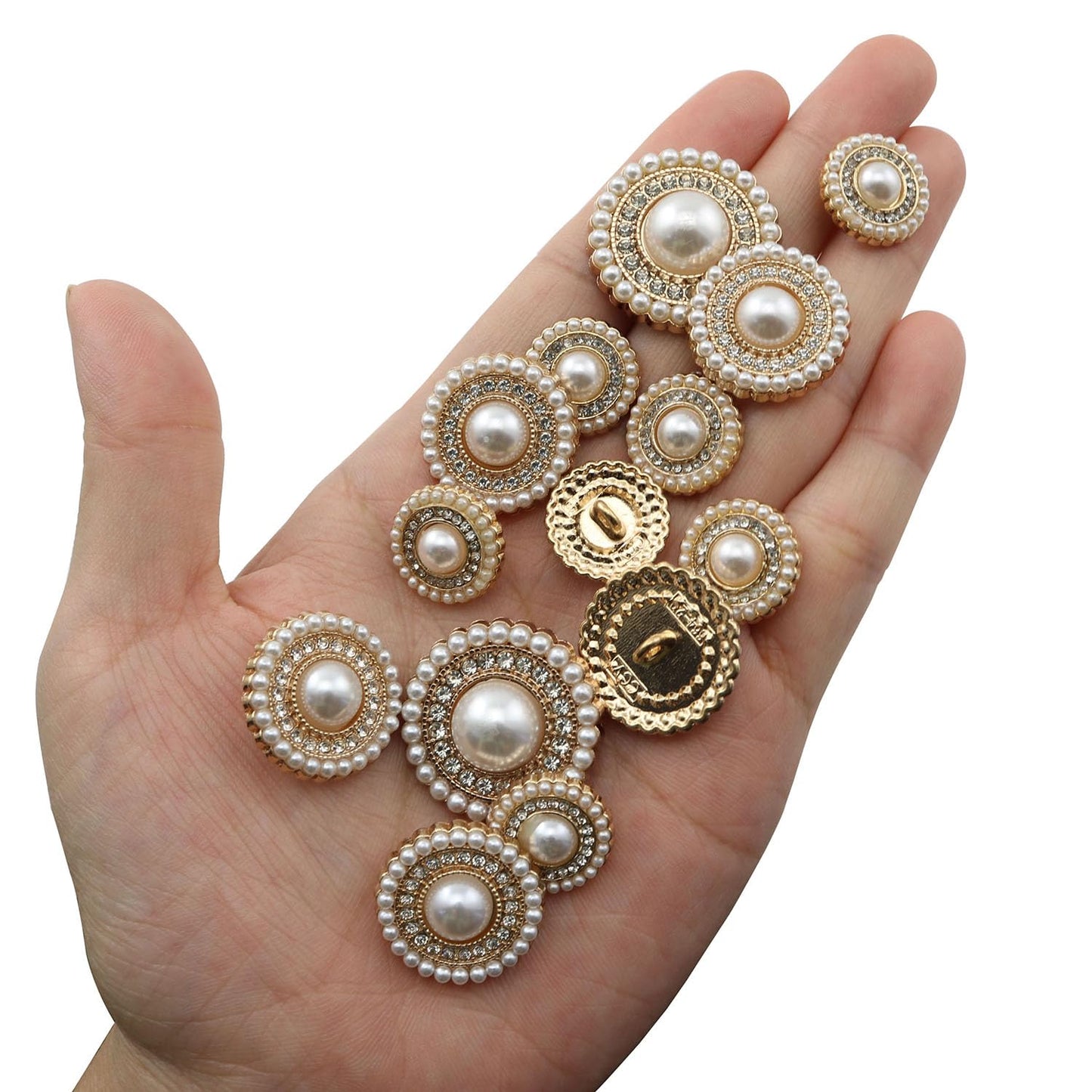 XGNG 16PCS Gold Diamond-Encrusted Pearl Buttons Metal Button Rhinestone Faux Pearl Buttons Embellishments for Coat, Suits, Knitting Sweaters, Sewing Crafting