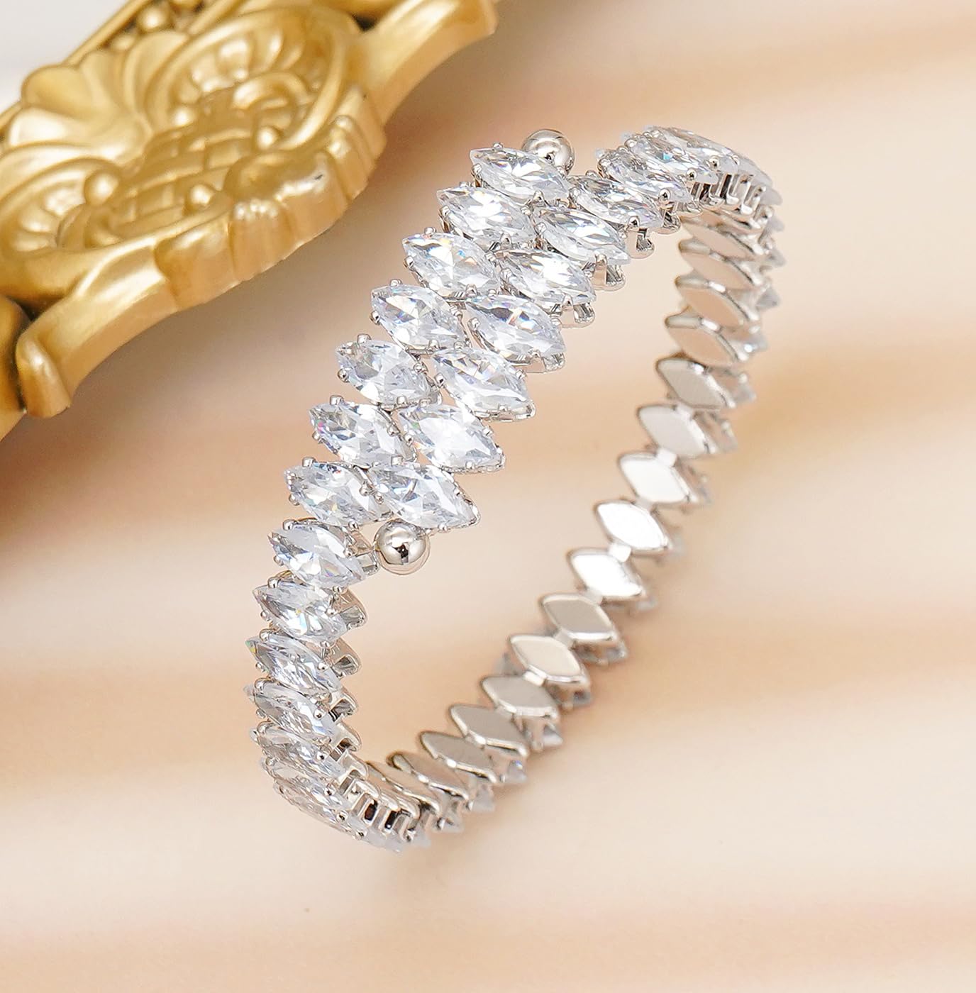 Wovanoo Rhinestone Cuff Bracelet Cubic Zirconia Tennis Bracelets Open Adjustable Bangle for Women Silver