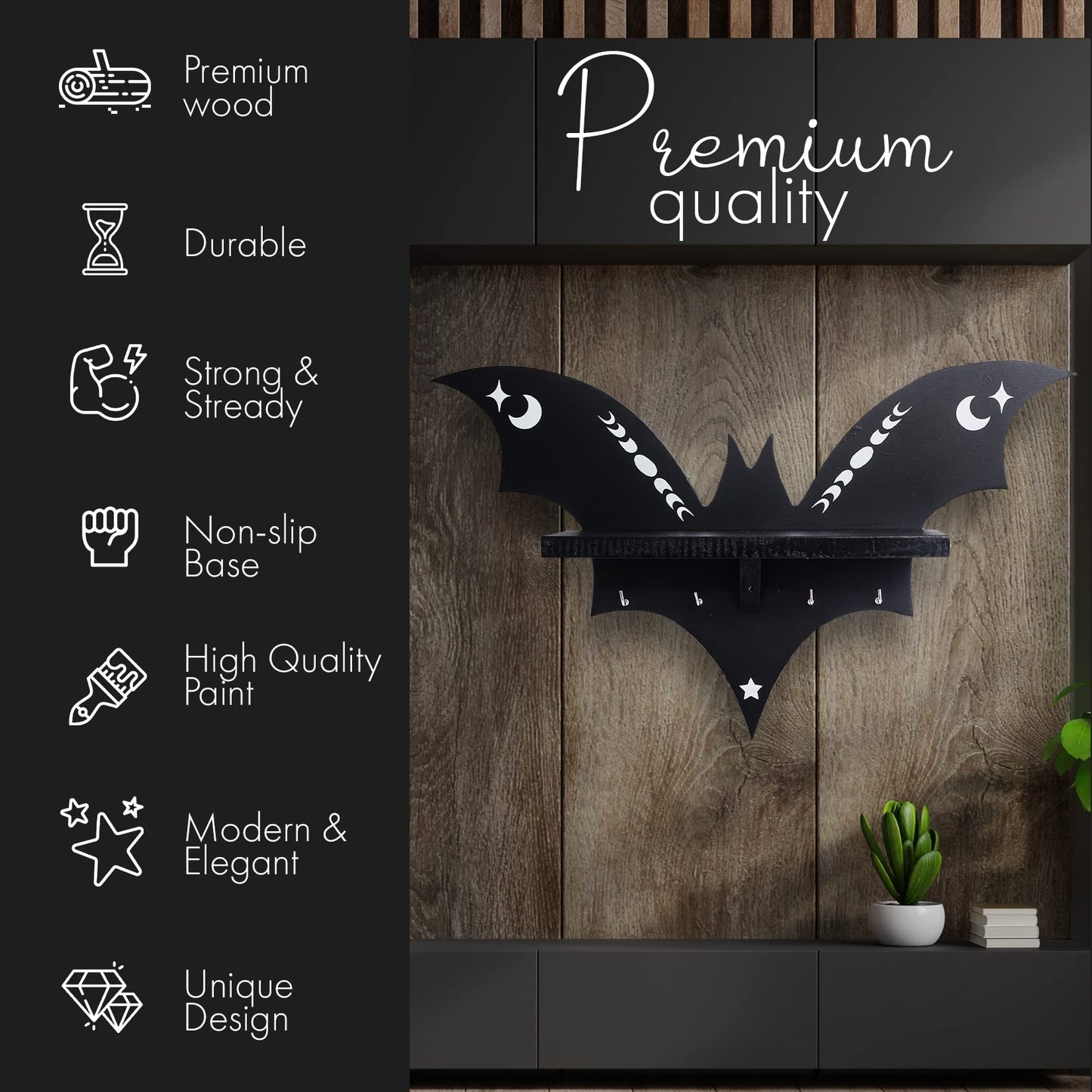 CEFLITECO Bat Shelf - Halloween Wall Decor for Kitchen and Living Room - Spooky Goth Hanging Coffin Shelf with Hooks for Oddities and Curiosities - Crystal Shelf for Display - Witchy Gifts for Women
