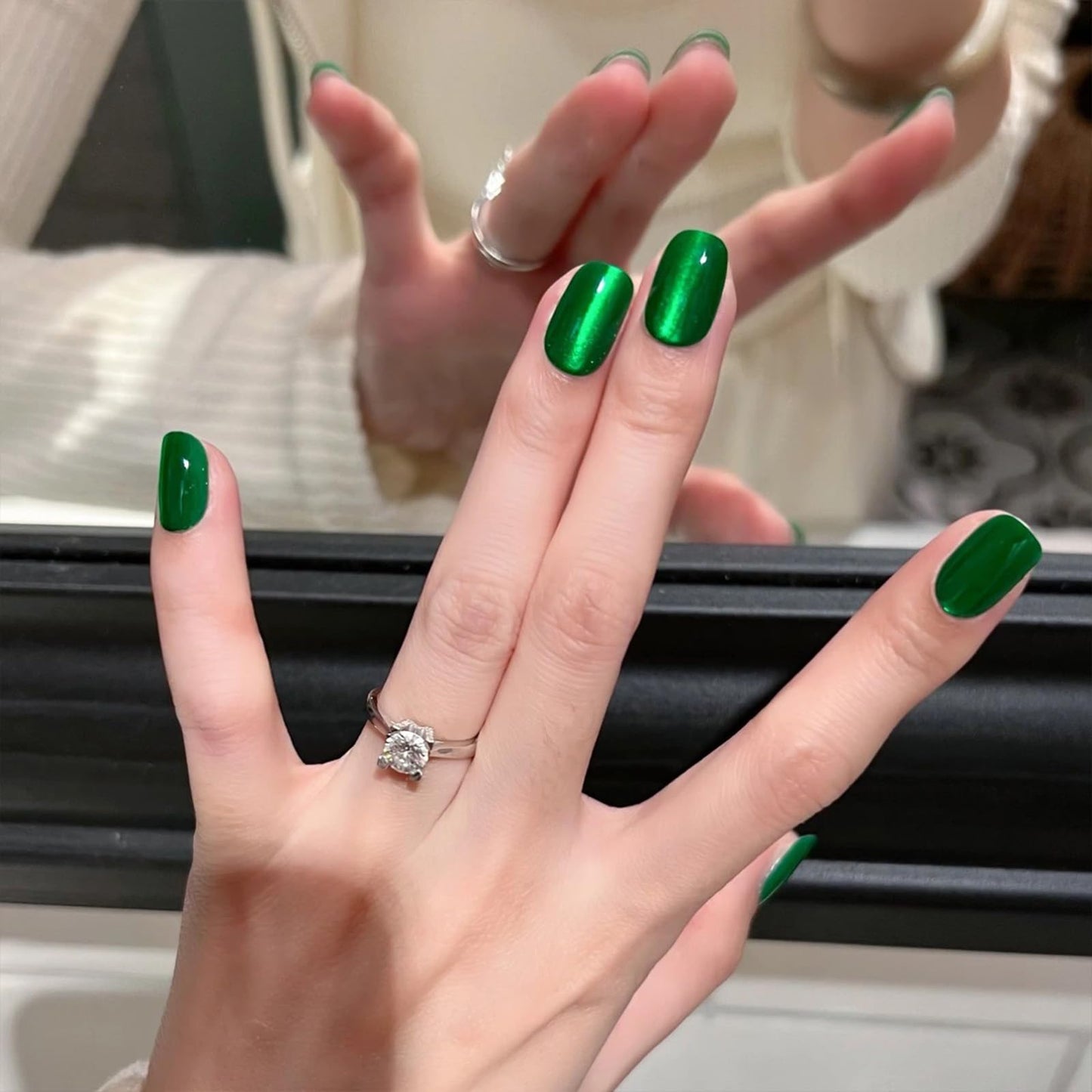 Green Press on Short Square Glitter Nails With Designs - Bling Coffin Acrylic Full Cover Glossy Artificial Stick on Nails for Women Manicure - 24pcs