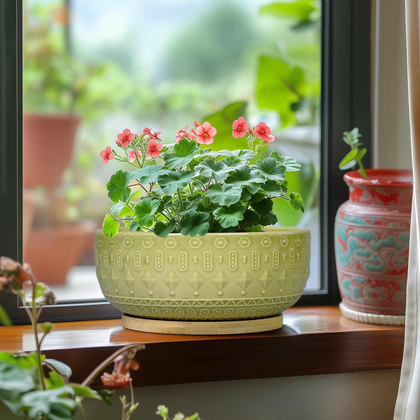 Fivepot Bonsai Tree Pot - 8 Inch Ceramic Succulent Pots with Drainage Hole and Saucer, Boho Round Shallow Planter Bowl for Indoor Plants Flower, Office Decor, Gifts for Women & Men, Green