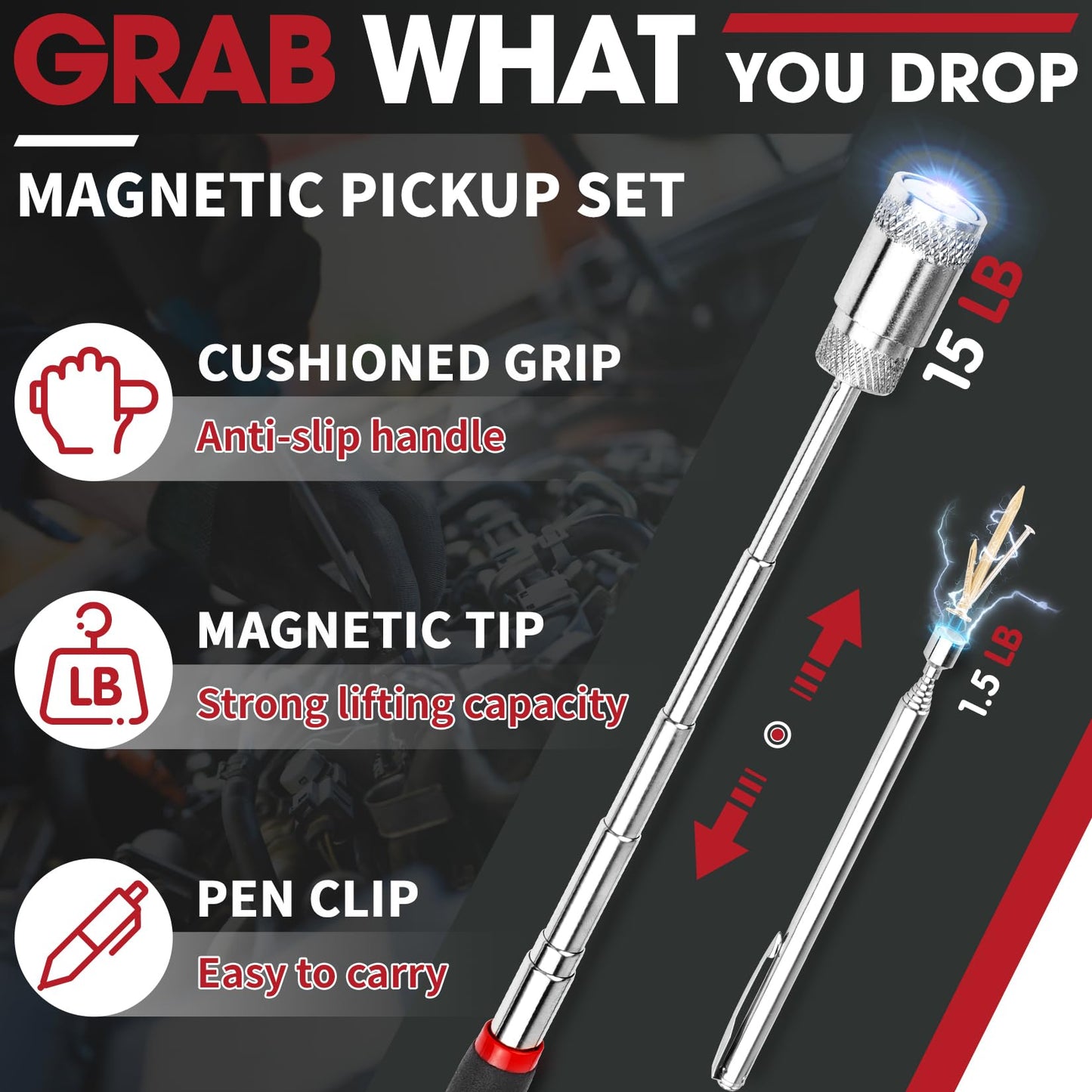 DIYSELF Magnetic Pickup Tool, Telescoping Magnet Stick, LED Flashlight, Flexible Magnetic Pickup Tool, Extendable Magnet Tool for Mechanics, Auto, Inspection Mirror, Cool Gadgets for Men, Gift for Him