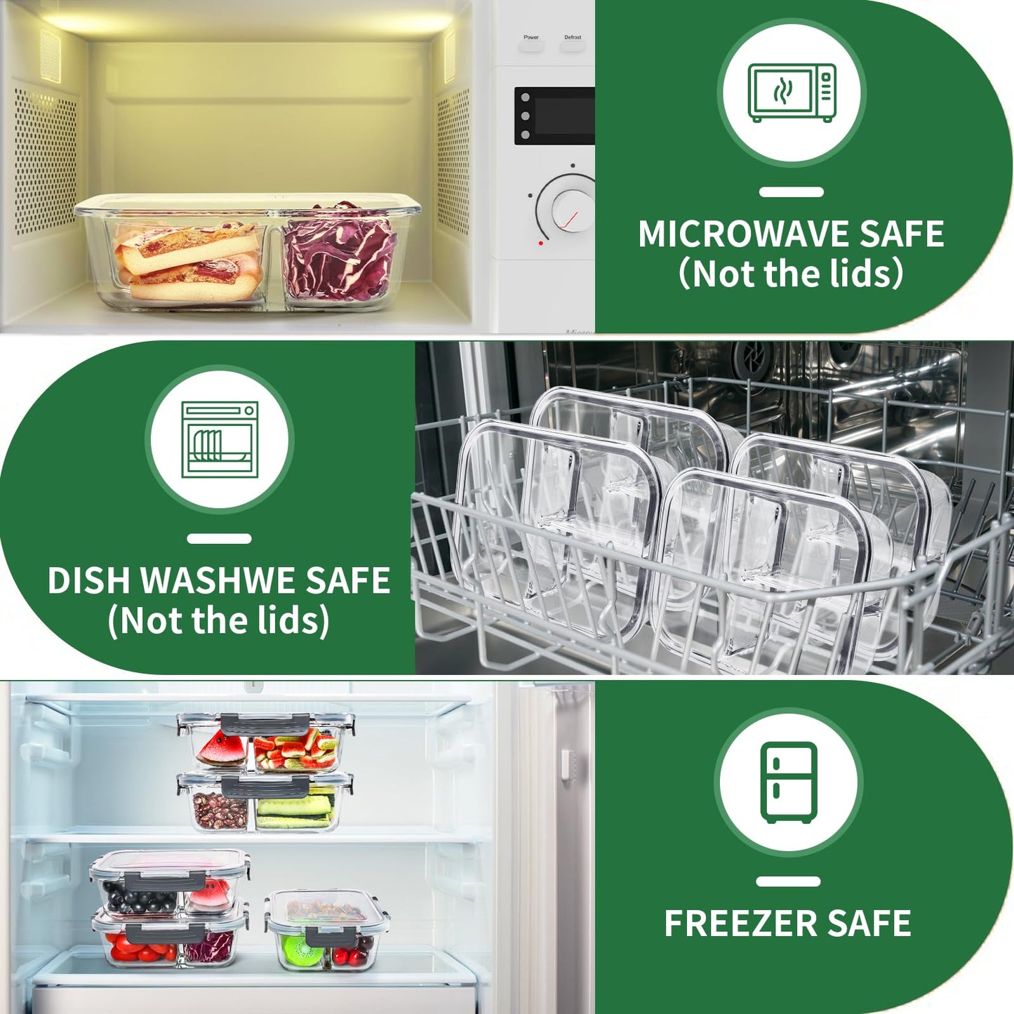 Skroam 5-Packs 36OZ Glass Airtight Food Storage Containers 3 Compartments, Meal Prep Container Set with Lids for Pantry Kitchen Organizers and Storage, BPA Free Glass Lunch Boxes Bento