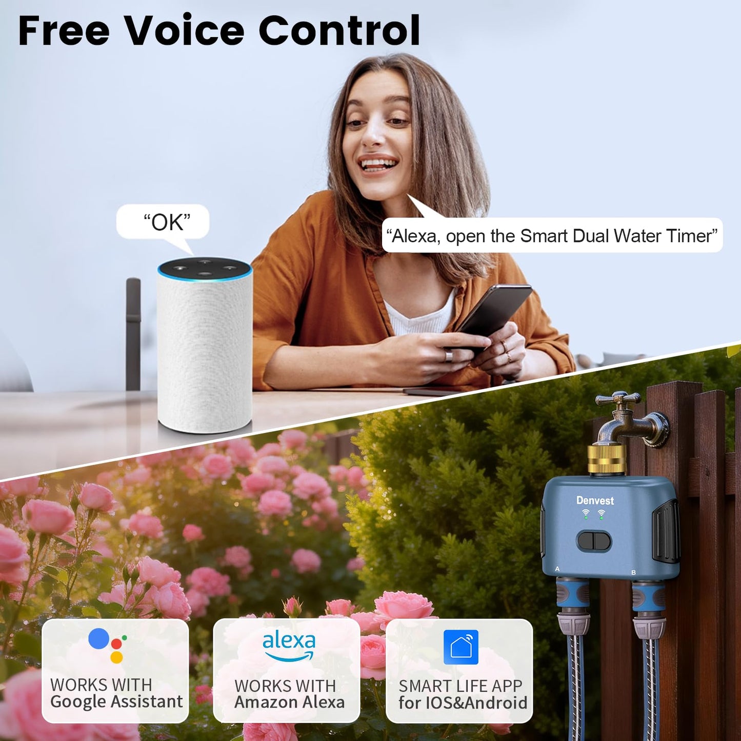 WiFi Water Timer for Garden Hose with Brass Inlet,Smart Hose Timer with WiFi Hub, APP & Voice Control,Up to 20 Watering Plans, 2-Zone Sprinkler Drip Irrigation System Controller for Yard Lawn Watering