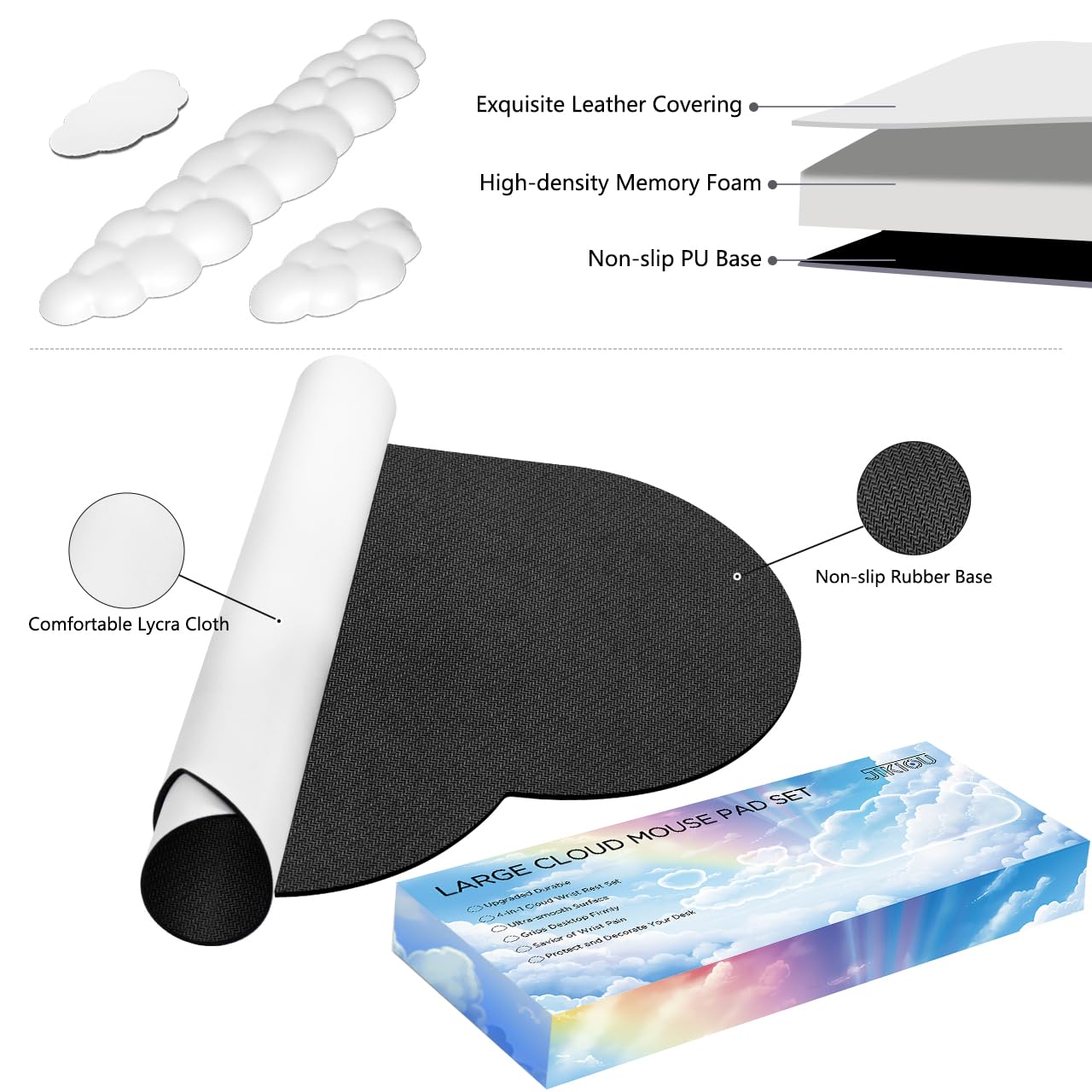 JIKIOU Large Cloud Mouse Pad Waterproof with Cloud Keyboard Wrist Pad and Cloud Mouse Wrist Pad Set, Ergonomic Computer Desk Wrist Support Mousepad for Keyboard and Mouse White