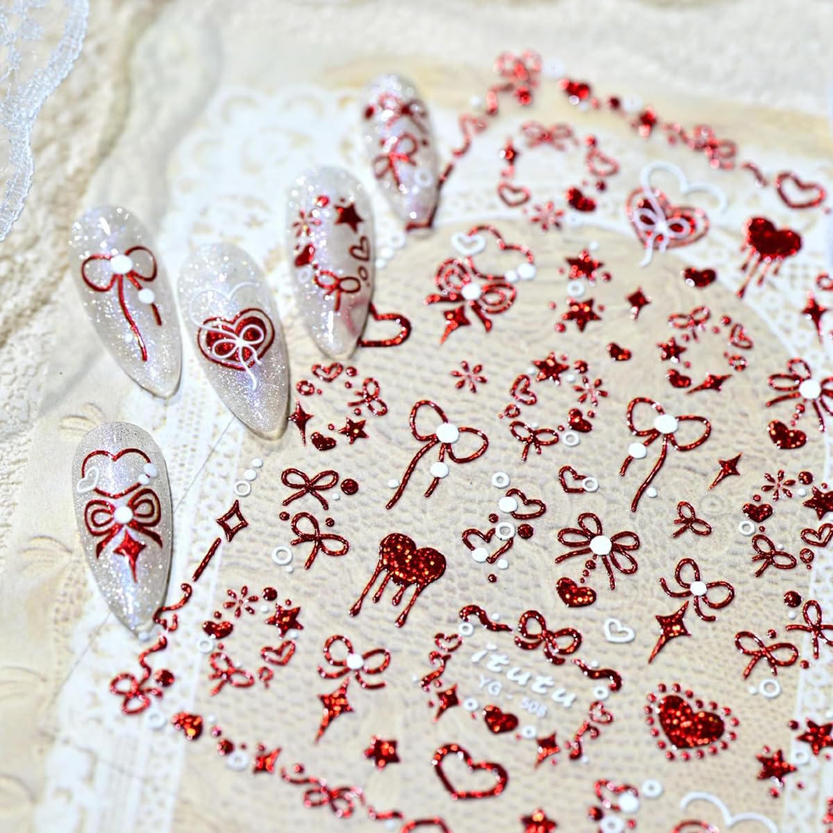 Valentines Nail Stickers for Nail Art Red Heart Nail Stickers 5D Self-Adhesive Embossed Bow Hearts Nail Decals Valentine's Day Nail Decorations for Women 1 Sheet