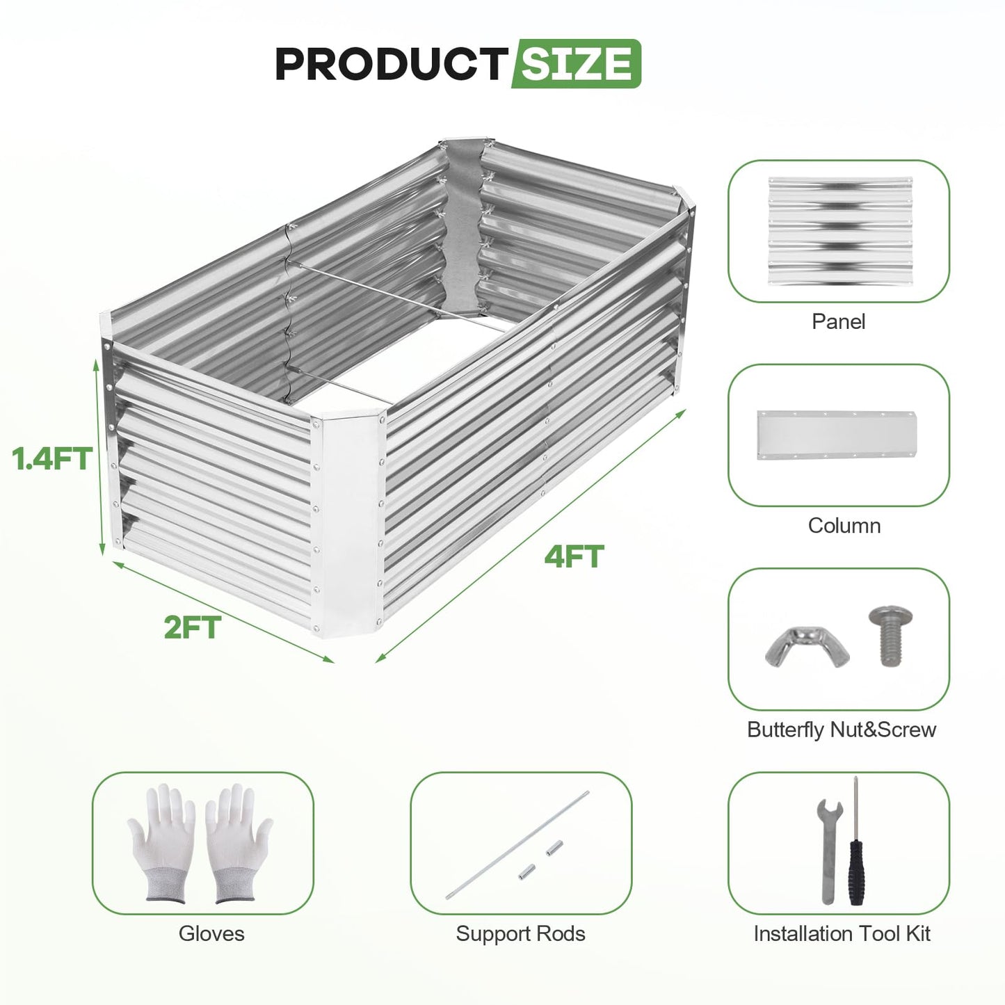 HEALSTOK Galvanized Raised Garden Bed Kits, 2 Pack Metal Planter Box Outdoor, 4x2x1.4ft Rectangular Steel Planter Bed for Vegetables, Fruits, Flowers, Herbs(Silver)