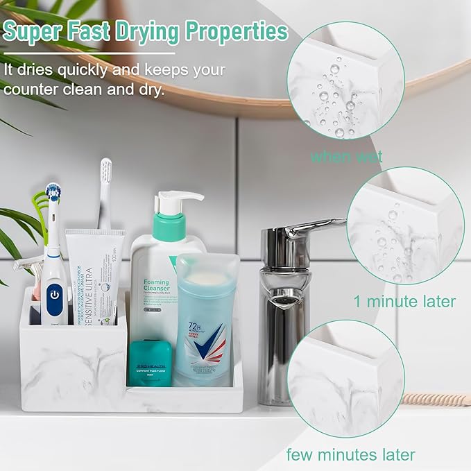 Diatomite Toothbrush Holders for Bathrooms, Quick Dry Electric Tooth Brush and Toothpaste Organizer Bathroom Accessories for Countertop, Vanity, Sink - Marble White