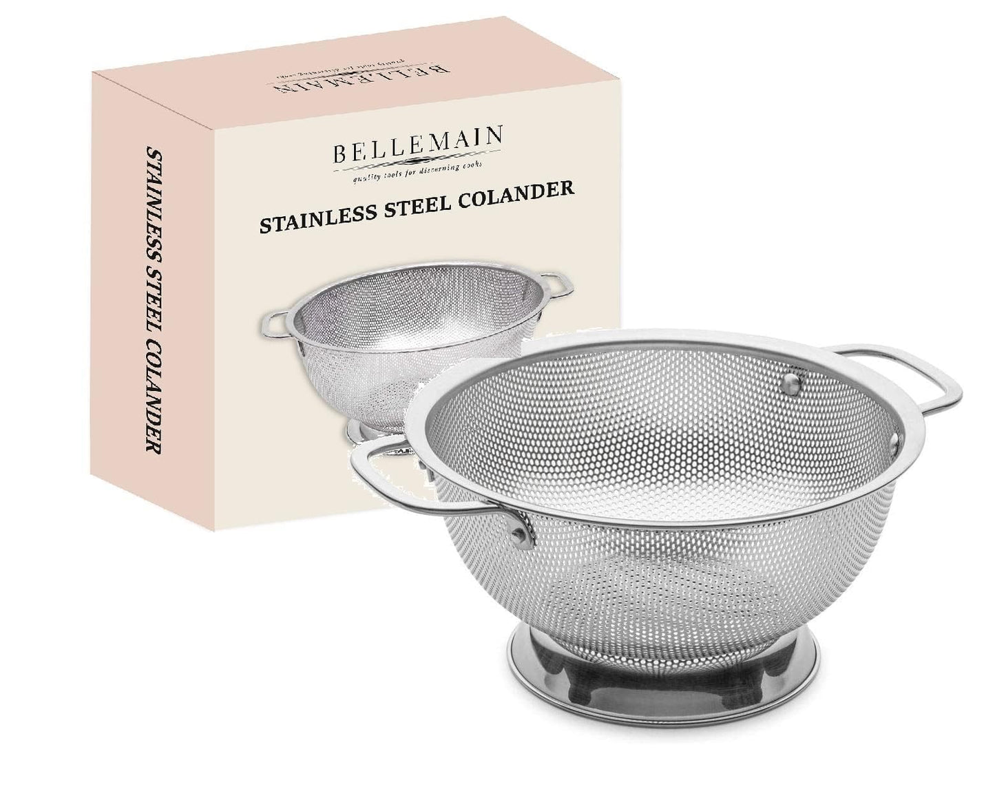 Bellemain 3 Qt Metal Colander with Handle | Pasta, Spaghetti, Berry, Fruit, Vegetable, Kitchen Food Strainer Basket | 18/8 Stainless Steel Colander Bowl | Pot Drainer for Cooking, Sifter Strainer