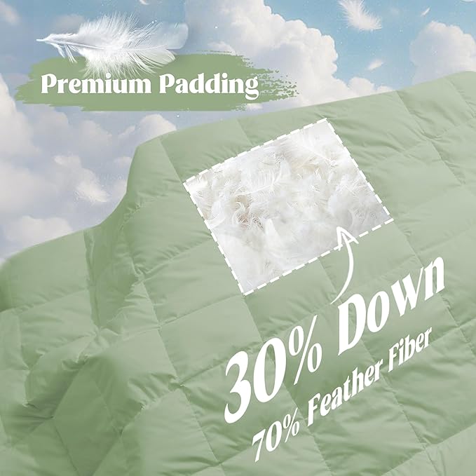 puredown® King Size Blanket for Bed, Ultra Soft Lightweight Down & Feather Fill, All Season Blanket, Machine Washable, 88"X108", Sage Green