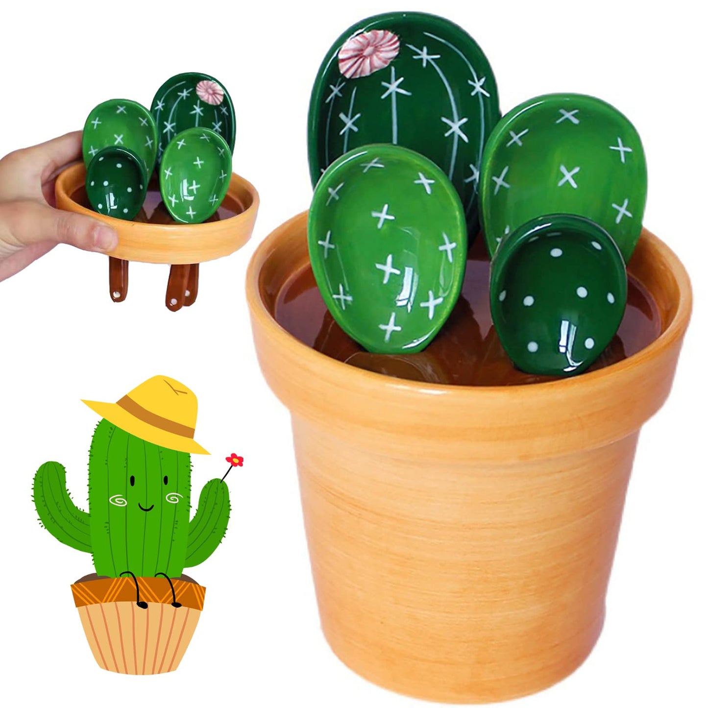 Cactus Measuring Spoons Set in Pot, Cute Ceramic Measuring Spoons and Cups, Kitchen Cacti Spoon with Holder, Baking Measuring Cups Ornaments Gift